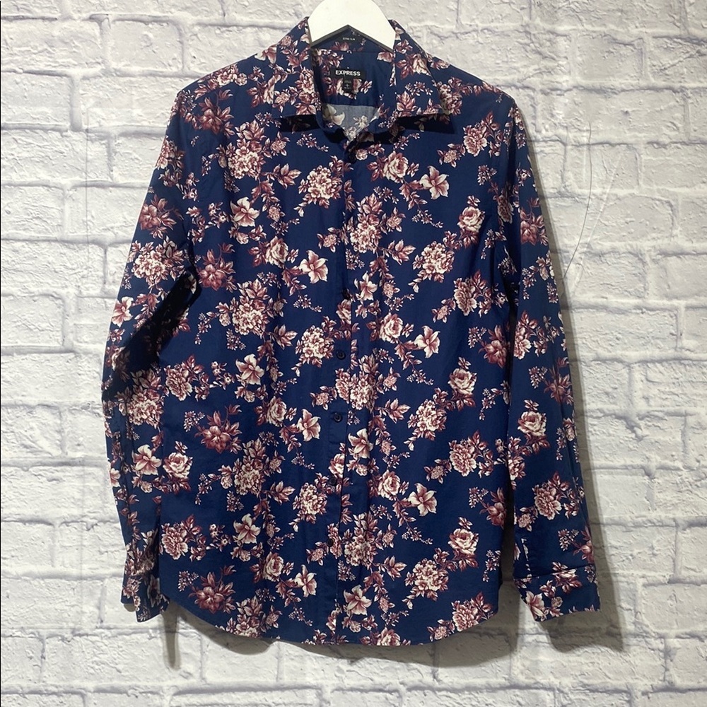 Express Blue and Pink Casual Button Down Shirt